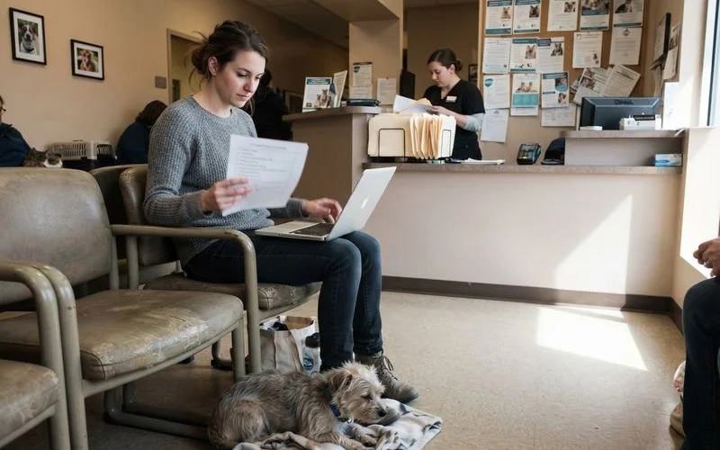 A veterinarian gently examines a small dog on an exam table while a vet technician comforts the anxious pet nearby